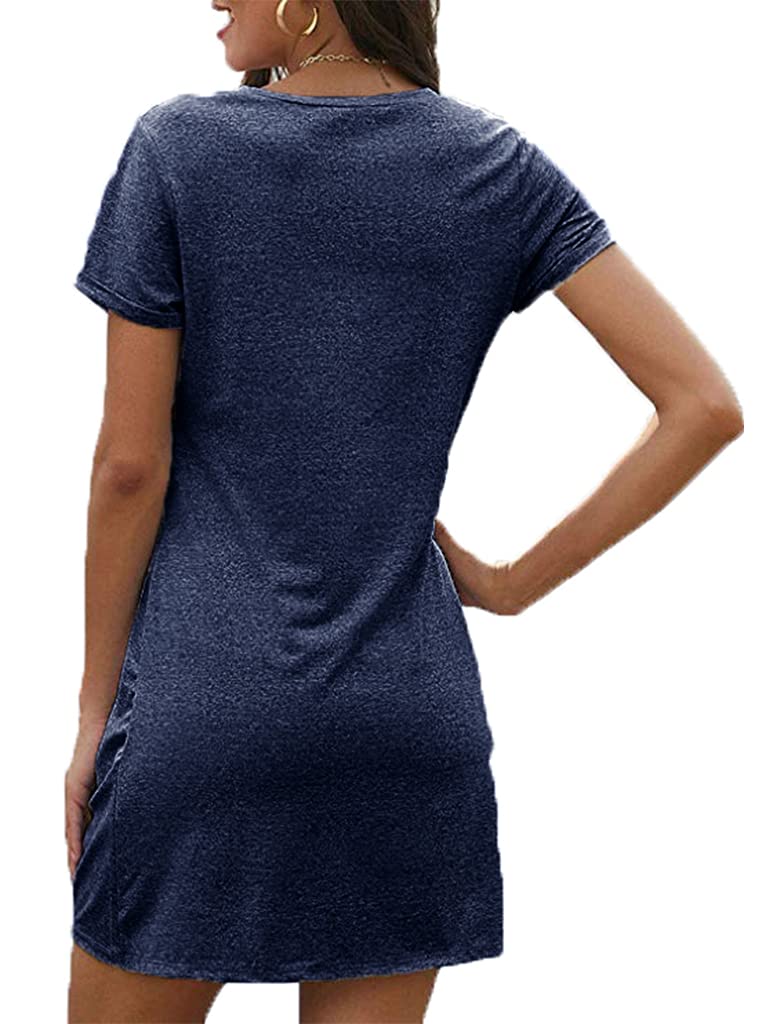 Locryz Tie Knot V Neck Dresses Summer Loose Short Sleeve Tunic Dresses for Ladies XL Navy Blue - Image 2